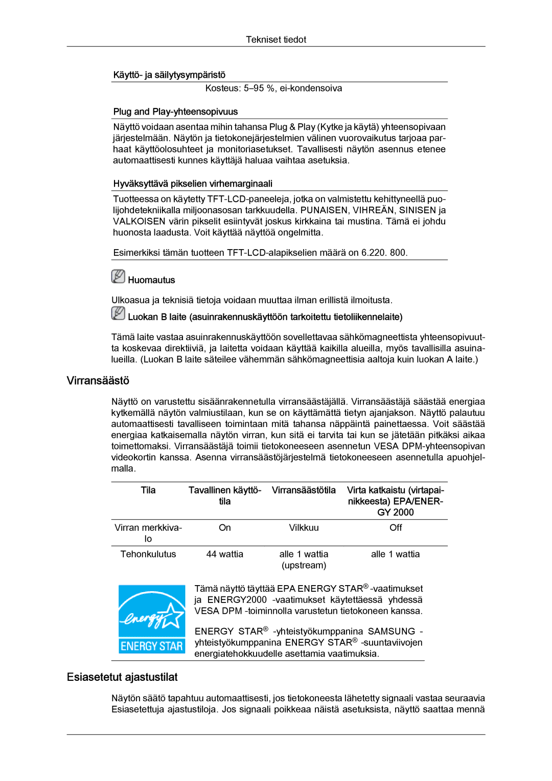 Samsung LS24KIZKFV/EN, LS24KILKBQ/EN manual Tila Nikkeesta EPA/ENER 