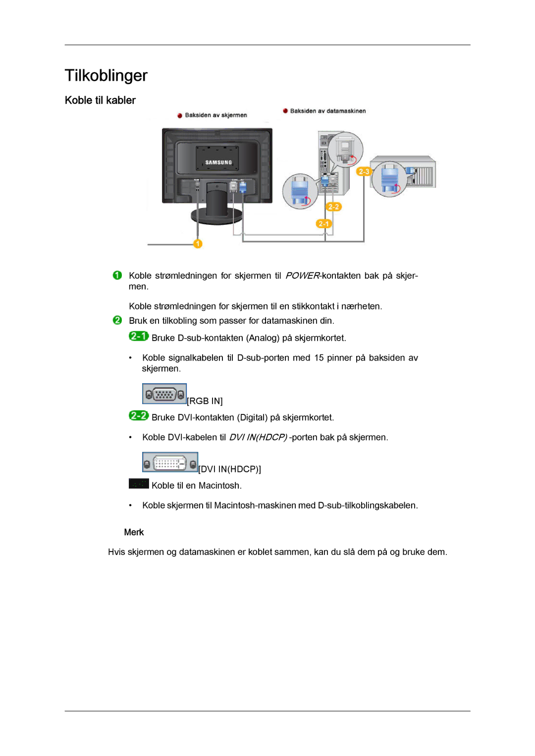 Samsung LS24KIZKFV/EN, LS24KILKBQ/EN manual Tilkoblinger, Koble til kabler 