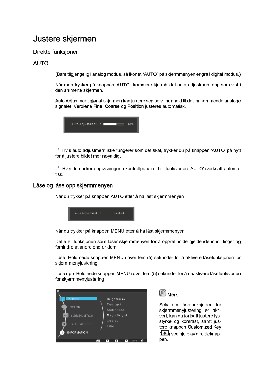 Samsung LS24KILKBQ/EN, LS24KIZKFV/EN manual Justere skjermen, Direkte funksjoner, Låse og låse opp skjermmenyen 