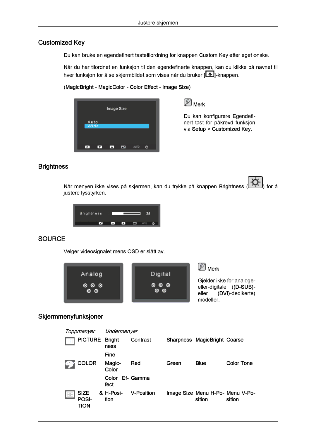 Samsung LS24KIZKFV/EN, LS24KILKBQ/EN manual Customized Key, Brightness, Skjermmenyfunksjoner 
