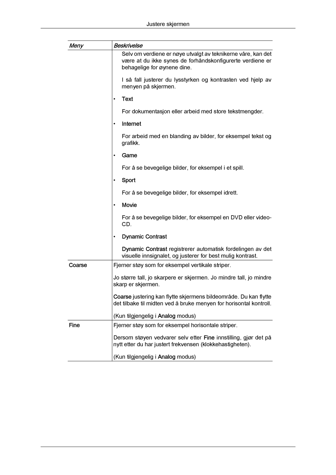 Samsung LS24KIZKFV/EN, LS24KILKBQ/EN manual Coarse Fine, Text, Internet, Game, Sport, Movie, Dynamic Contrast 