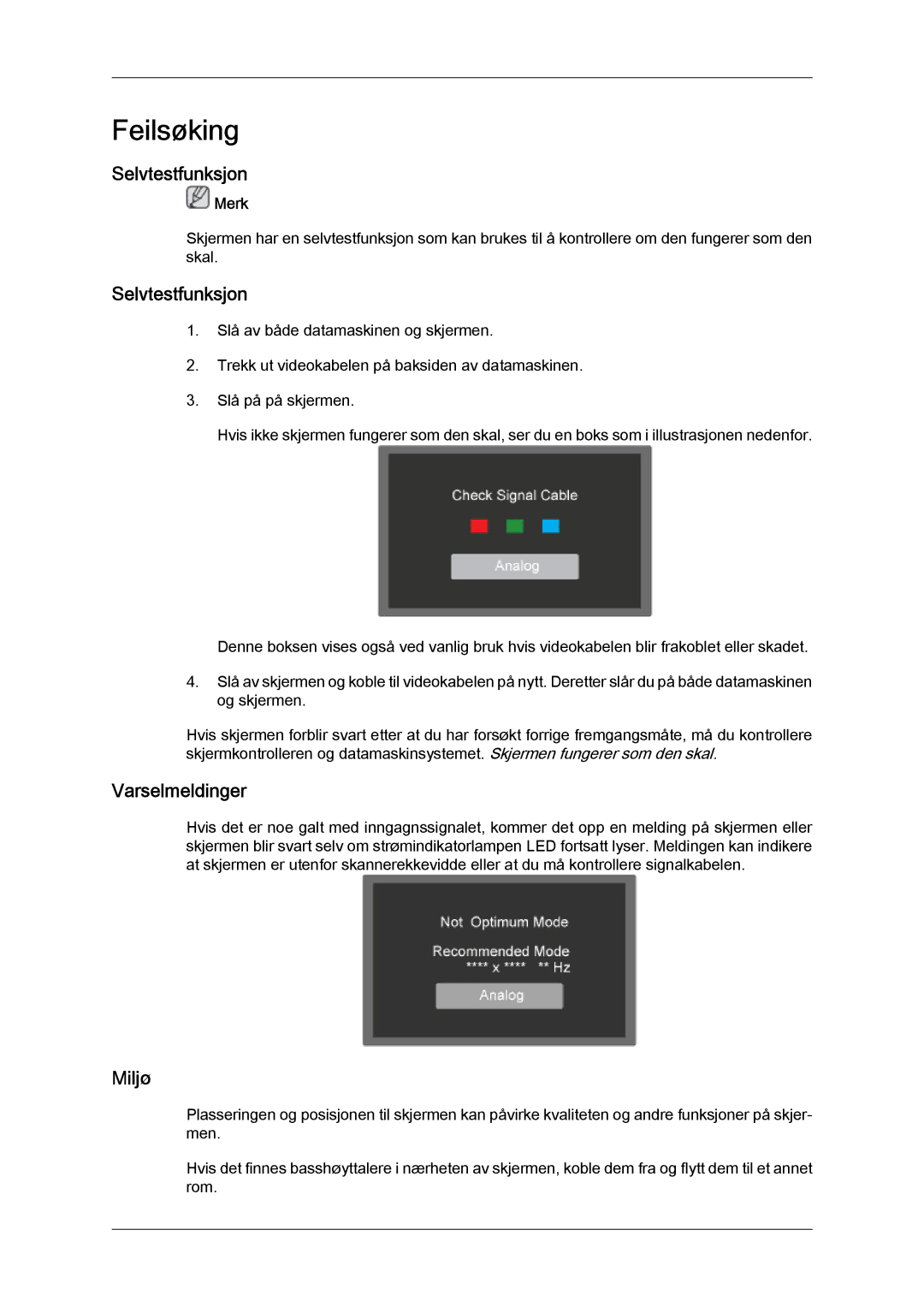 Samsung LS24KIZKFV/EN, LS24KILKBQ/EN manual Feilsøking, Selvtestfunksjon, Varselmeldinger, Miljø 