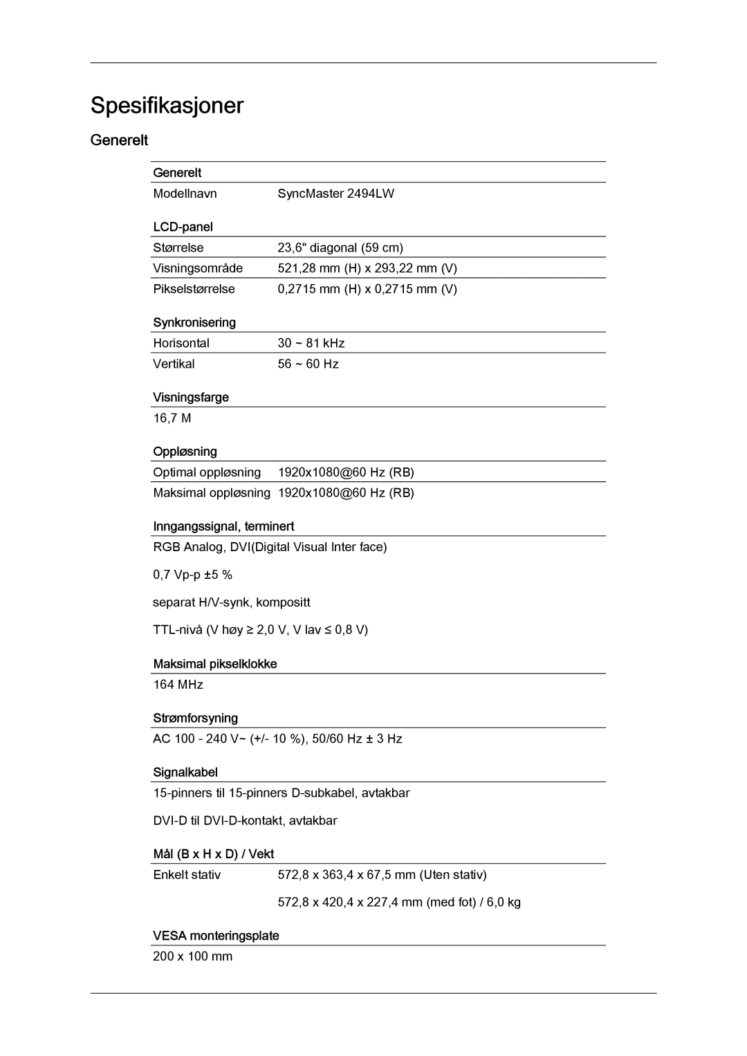 Samsung LS24KIZKFV/EN, LS24KILKBQ/EN manual Spesifikasjoner, Generelt 