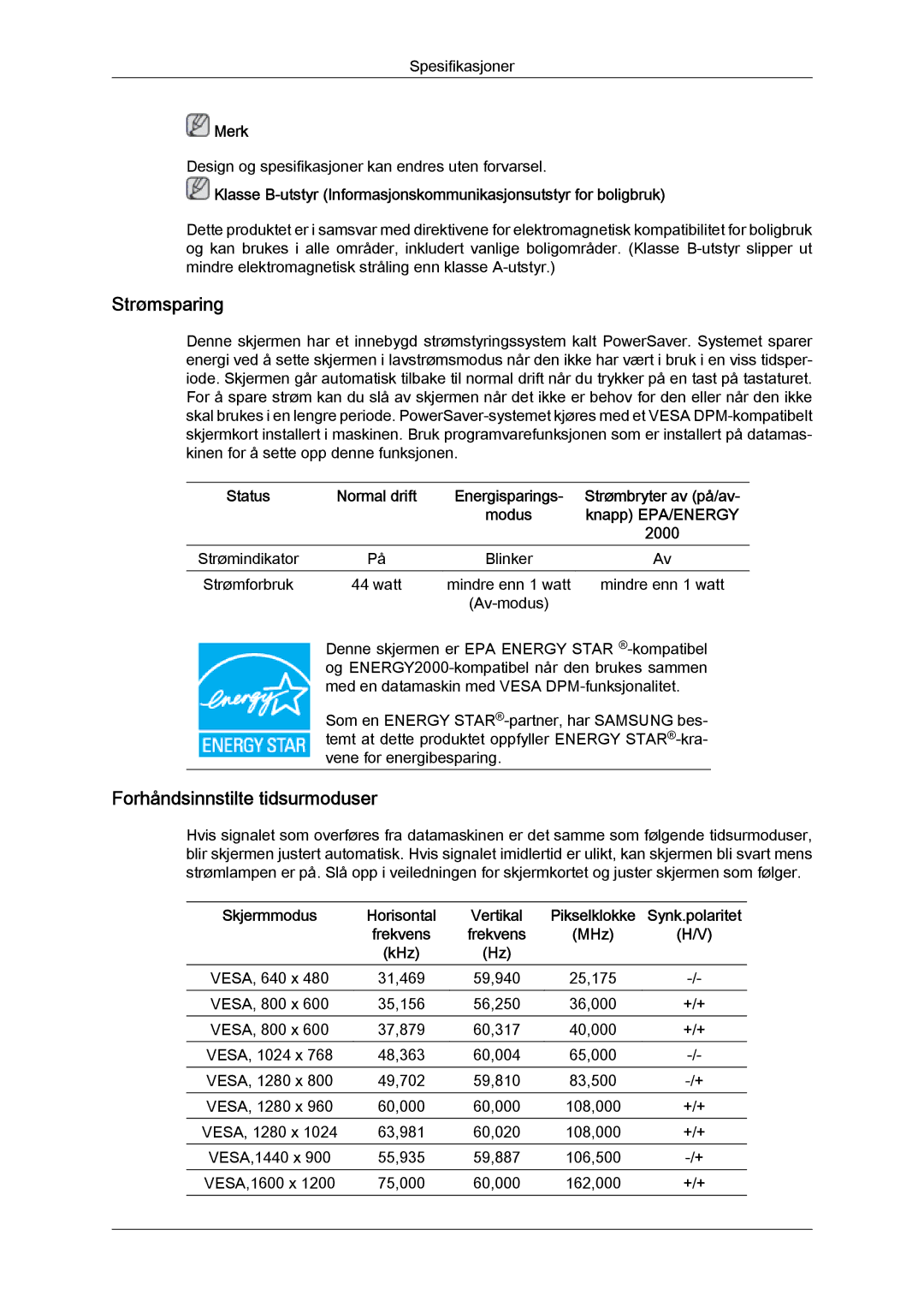 Samsung LS24KIZKFV/EN, LS24KILKBQ/EN manual Strømsparing 