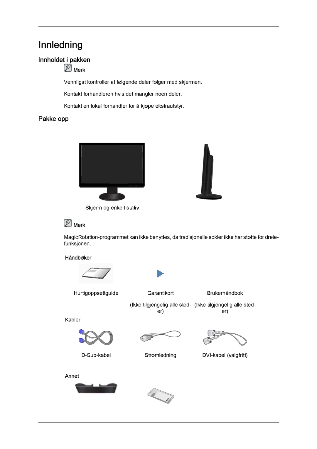 Samsung LS24KILKBQ/EN, LS24KIZKFV/EN manual Innledning, Innholdet i pakken, Pakke opp, Håndbøker, Annet 