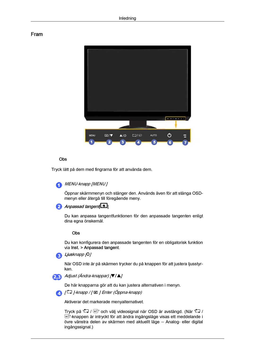 Samsung LS24KIZKFV/EN, LS24KILKBQ/EN manual Fram, MENU-knapp Menu 