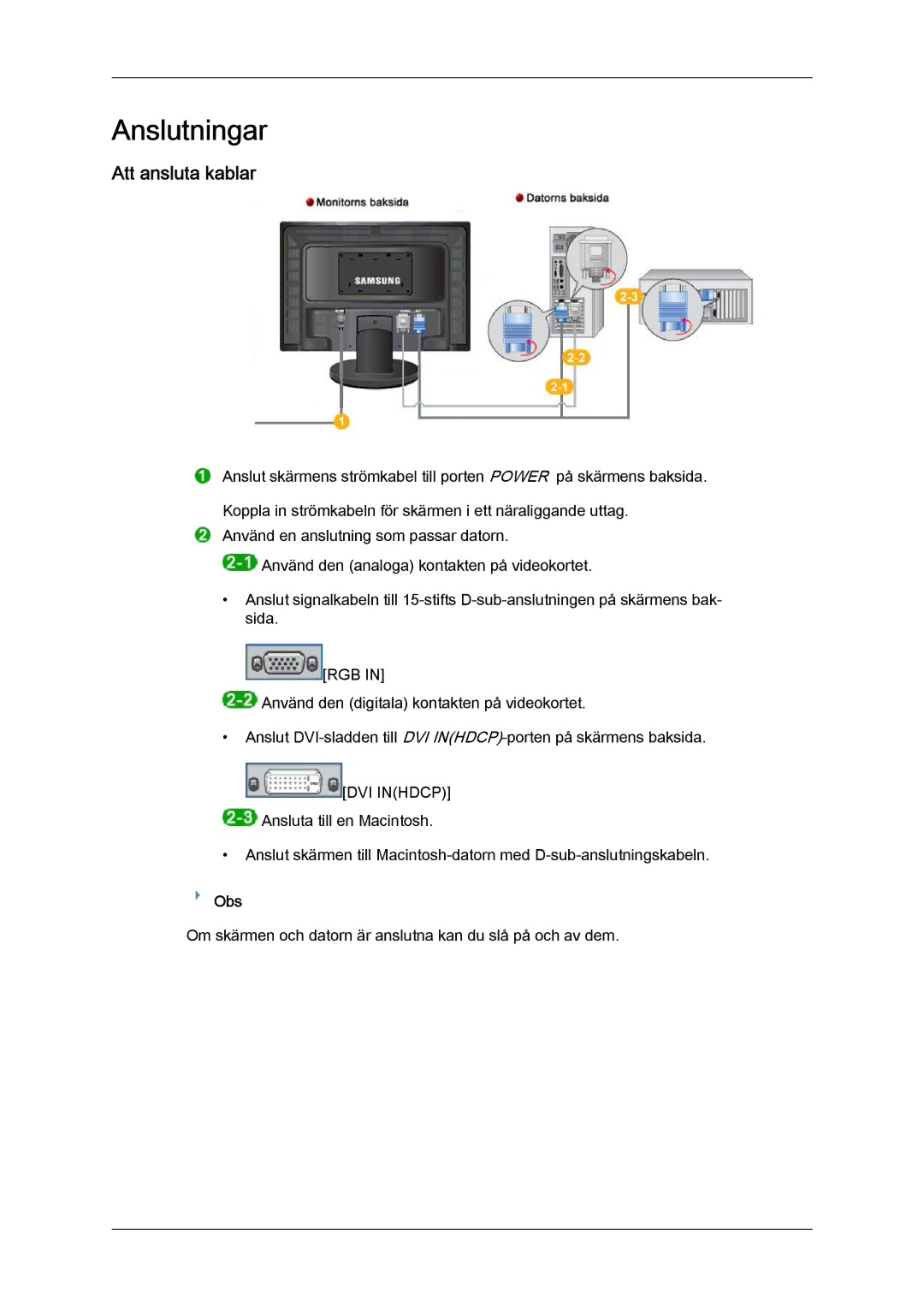 Samsung LS24KILKBQ/EN, LS24KIZKFV/EN manual Anslutningar, Att ansluta kablar 