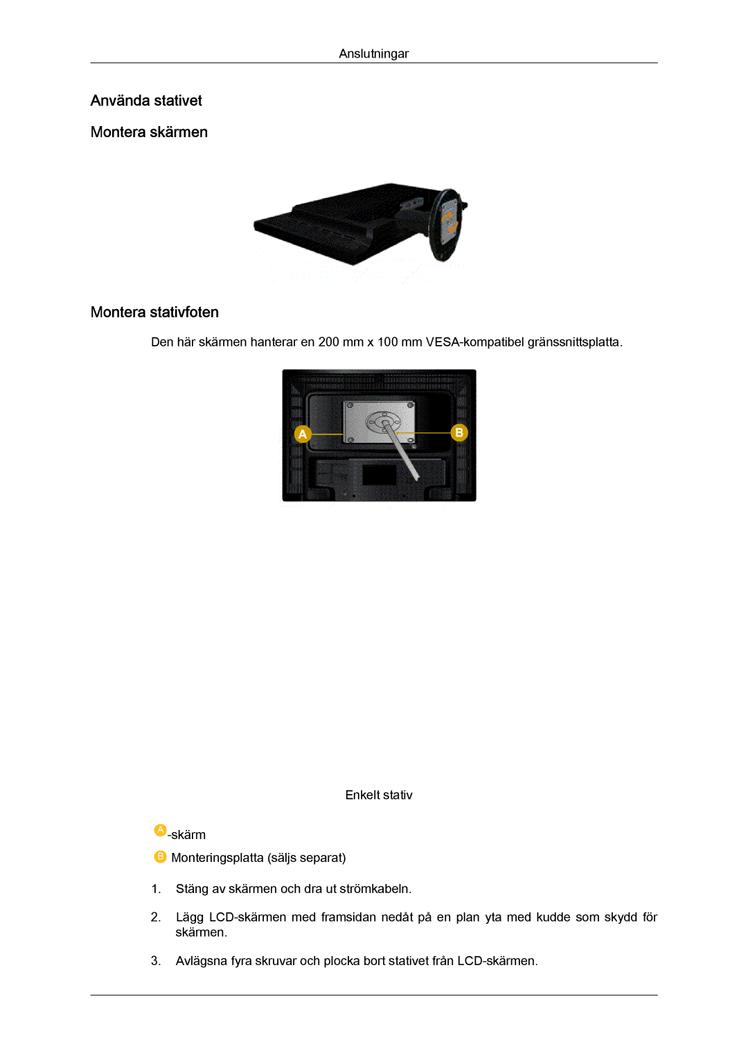 Samsung LS24KIZKFV/EN, LS24KILKBQ/EN manual Använda stativet Montera skärmen Montera stativfoten 