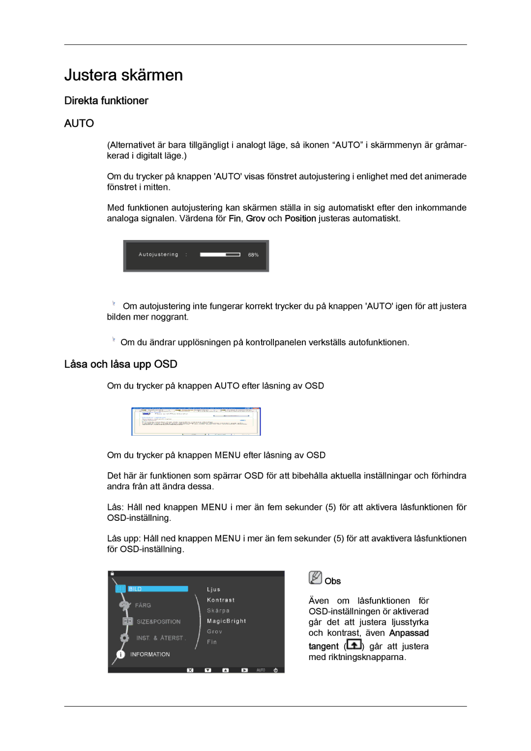 Samsung LS24KIZKFV/EN, LS24KILKBQ/EN manual Justera skärmen, Direkta funktioner, Låsa och låsa upp OSD 