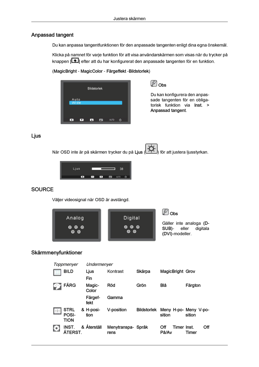 Samsung LS24KILKBQ/EN, LS24KIZKFV/EN manual Anpassad tangent, Ljus, Skärmmenyfunktioner 