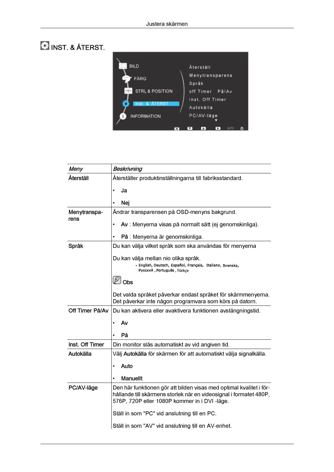 Samsung LS24KILKBQ/EN, LS24KIZKFV/EN manual Språk, Inst. Off Timer Autokälla PC/AV-läge, Nej, Auto Manuellt 