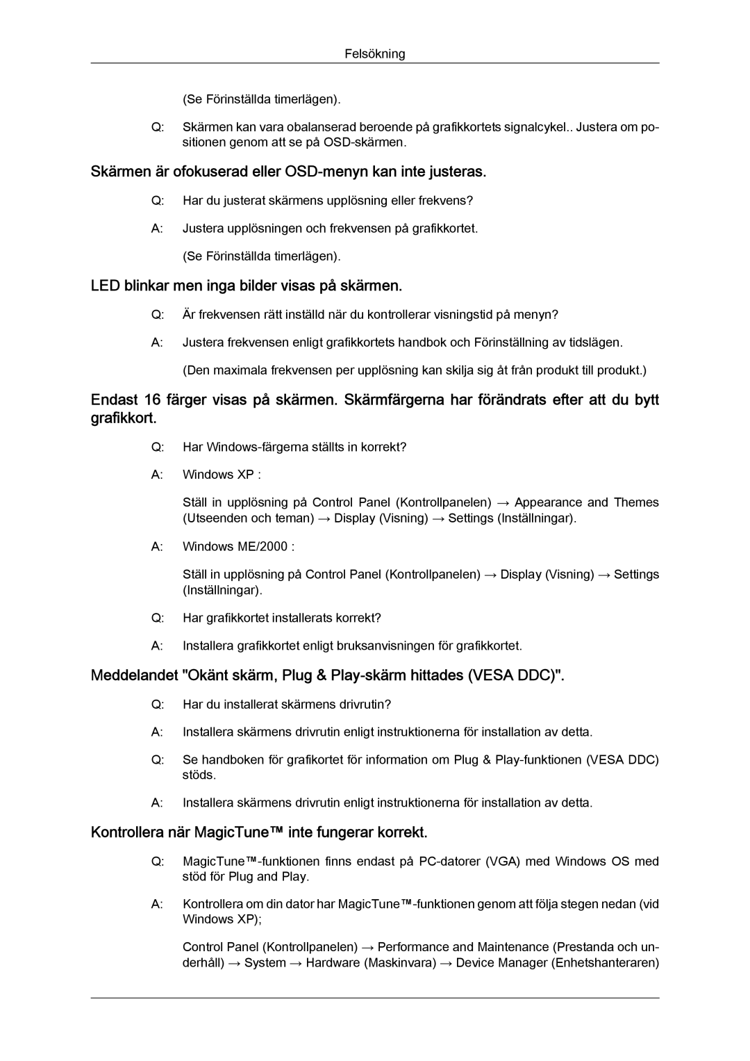 Samsung LS24KIZKFV/EN, LS24KILKBQ/EN manual Skärmen är ofokuserad eller OSD-menyn kan inte justeras 