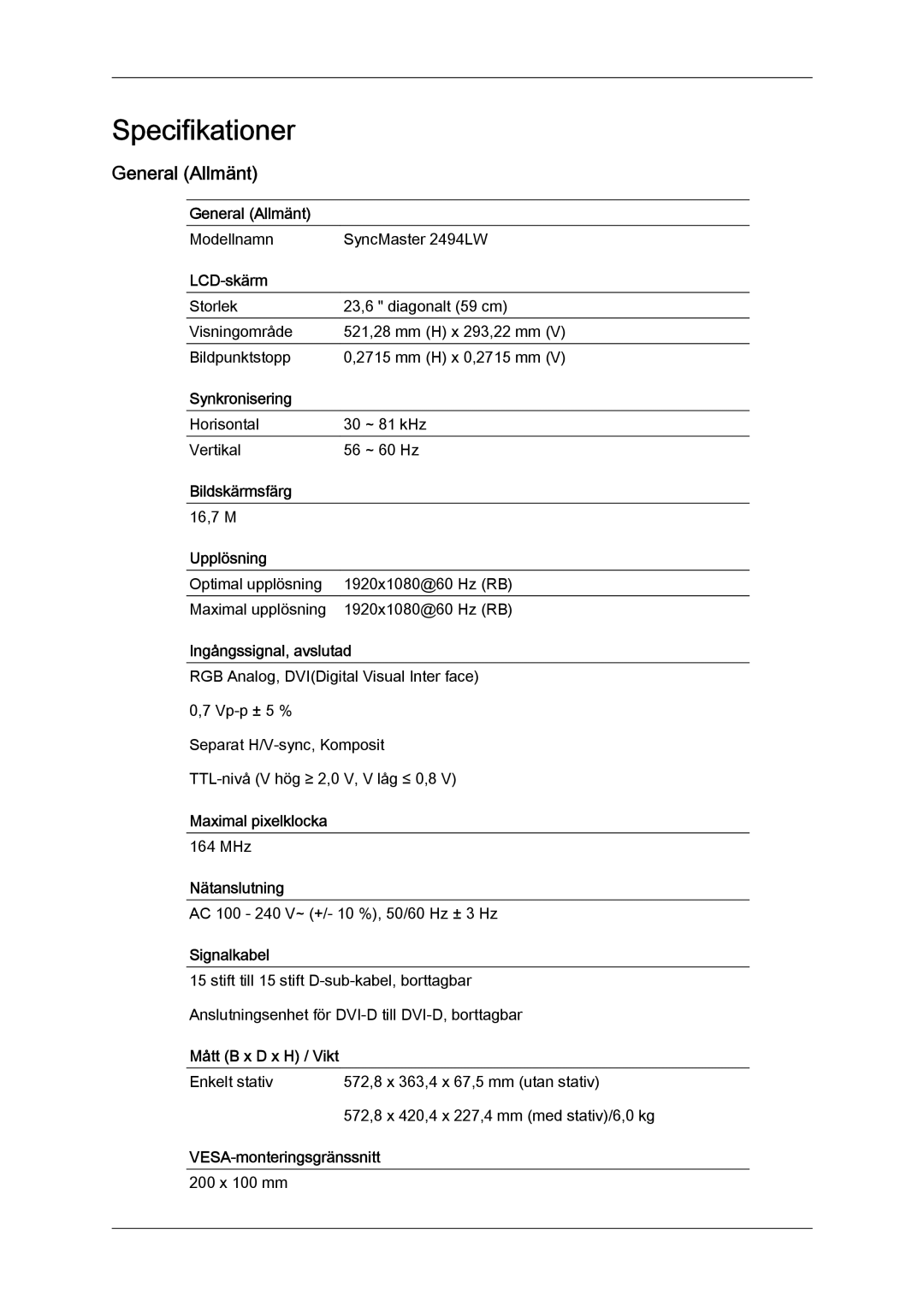 Samsung LS24KILKBQ/EN, LS24KIZKFV/EN manual Specifikationer, General Allmänt 