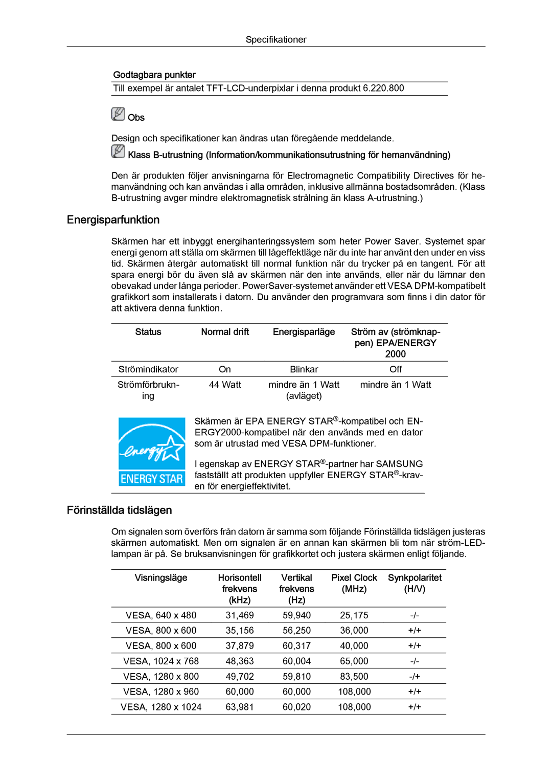 Samsung LS24KILKBQ/EN, LS24KIZKFV/EN manual Energisparfunktion 