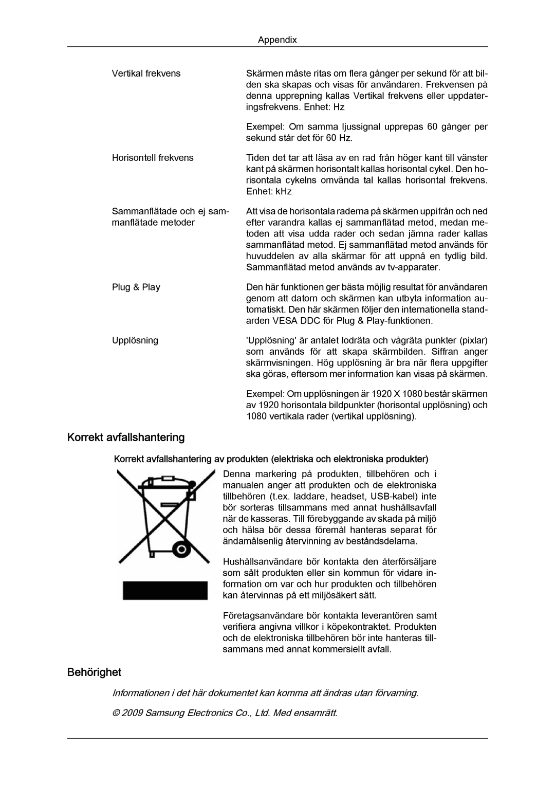 Samsung LS24KIZKFV/EN, LS24KILKBQ/EN manual Korrekt avfallshantering, Behörighet 