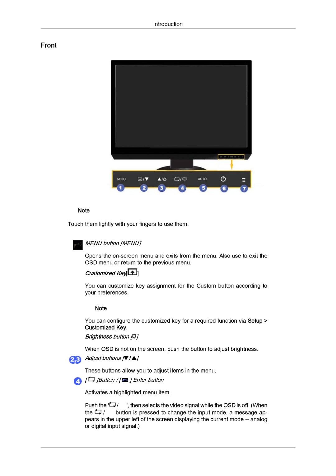 Samsung LS24KIZKFV/EN manual Front, Menu button Menu, Adjust buttons, Button / Enter button 