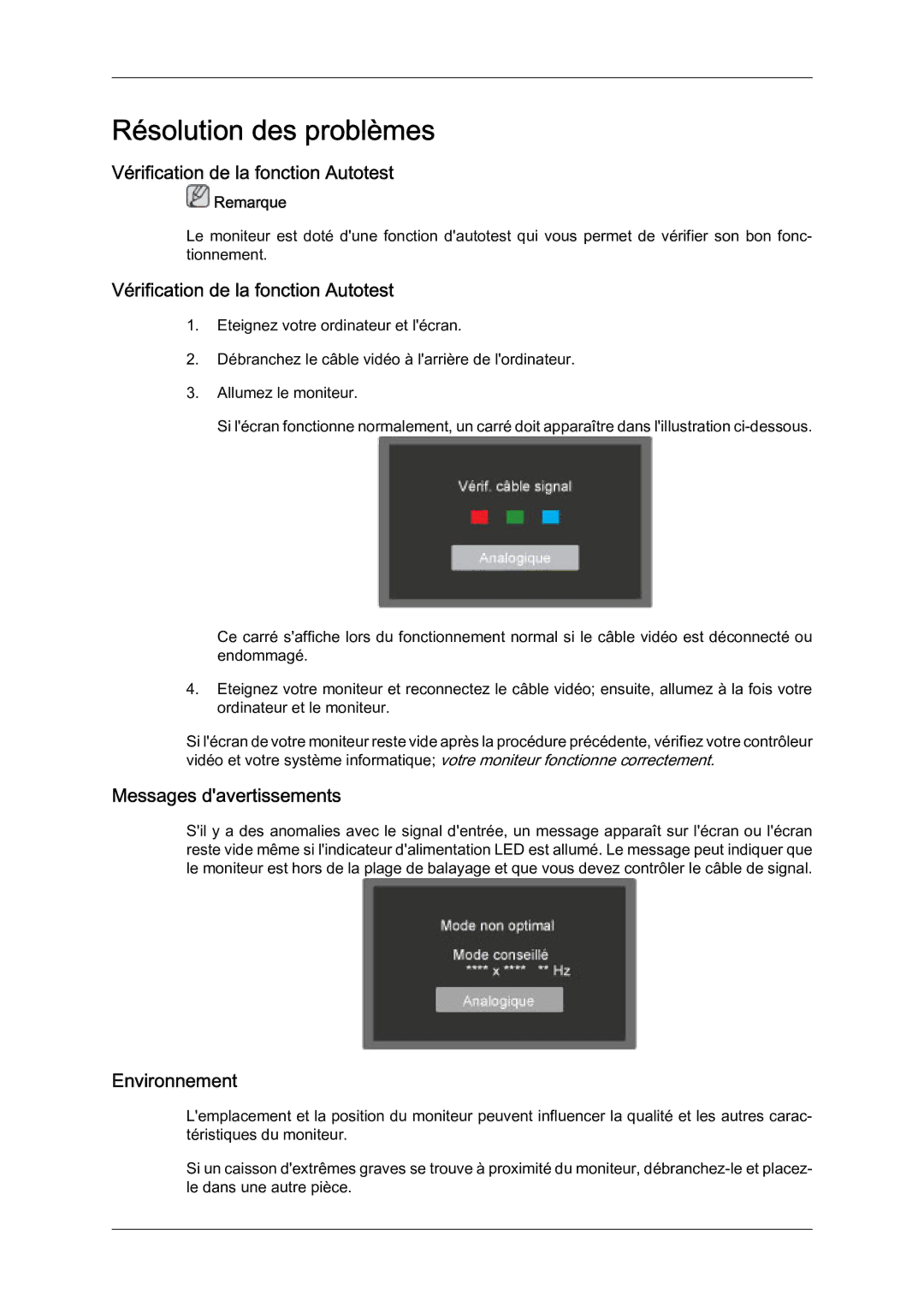 Samsung LS24KIZKFV/EN manual Vérification de la fonction Autotest, Messages davertissements, Environnement 