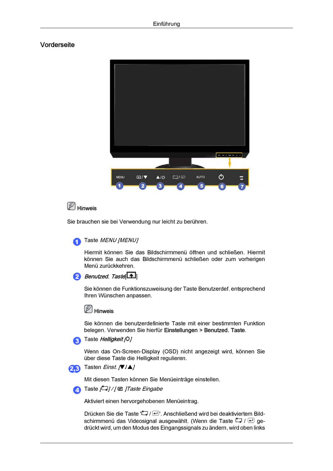 Samsung LS24KIZKFV/EN manual Vorderseite, Taste Menu Menu 