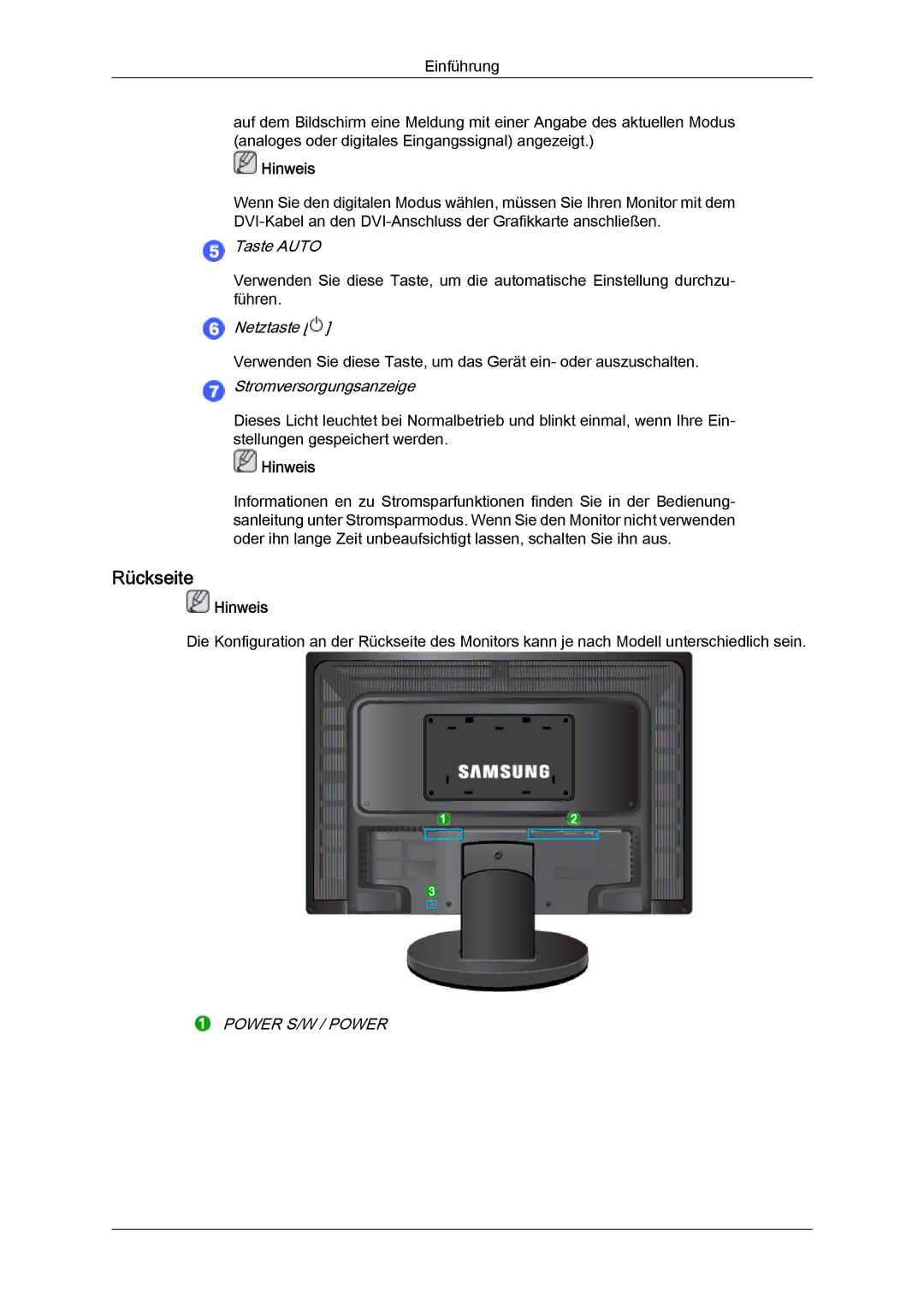 Samsung LS24KIZKFV/EN manual Rückseite, Stromversorgungsanzeige 