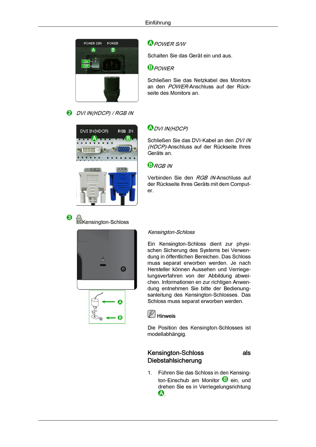 Samsung LS24KIZKFV/EN manual Kensington-Schlossals Diebstahlsicherung, Power 