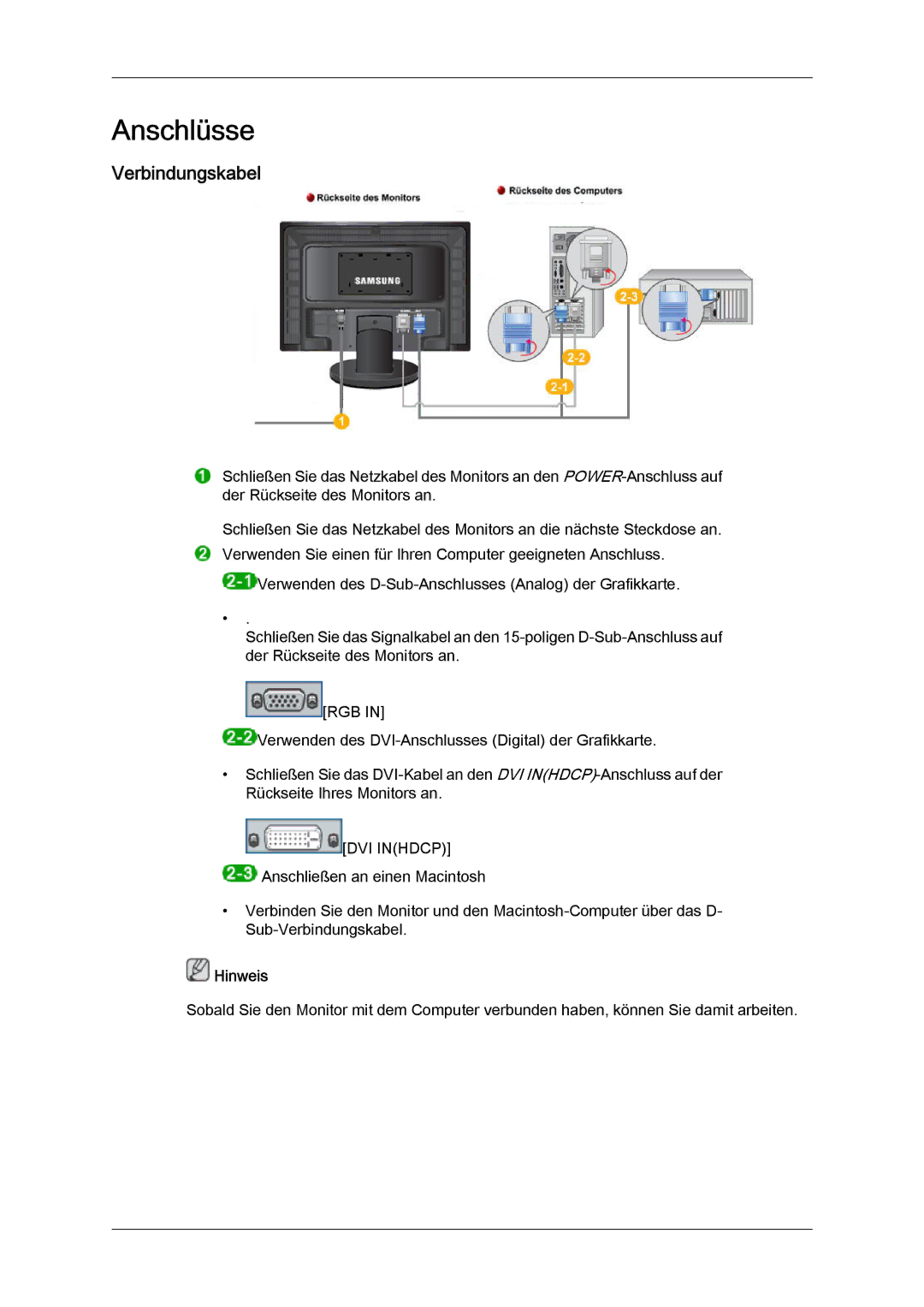 Samsung LS24KIZKFV/EN manual Anschlüsse, Verbindungskabel 