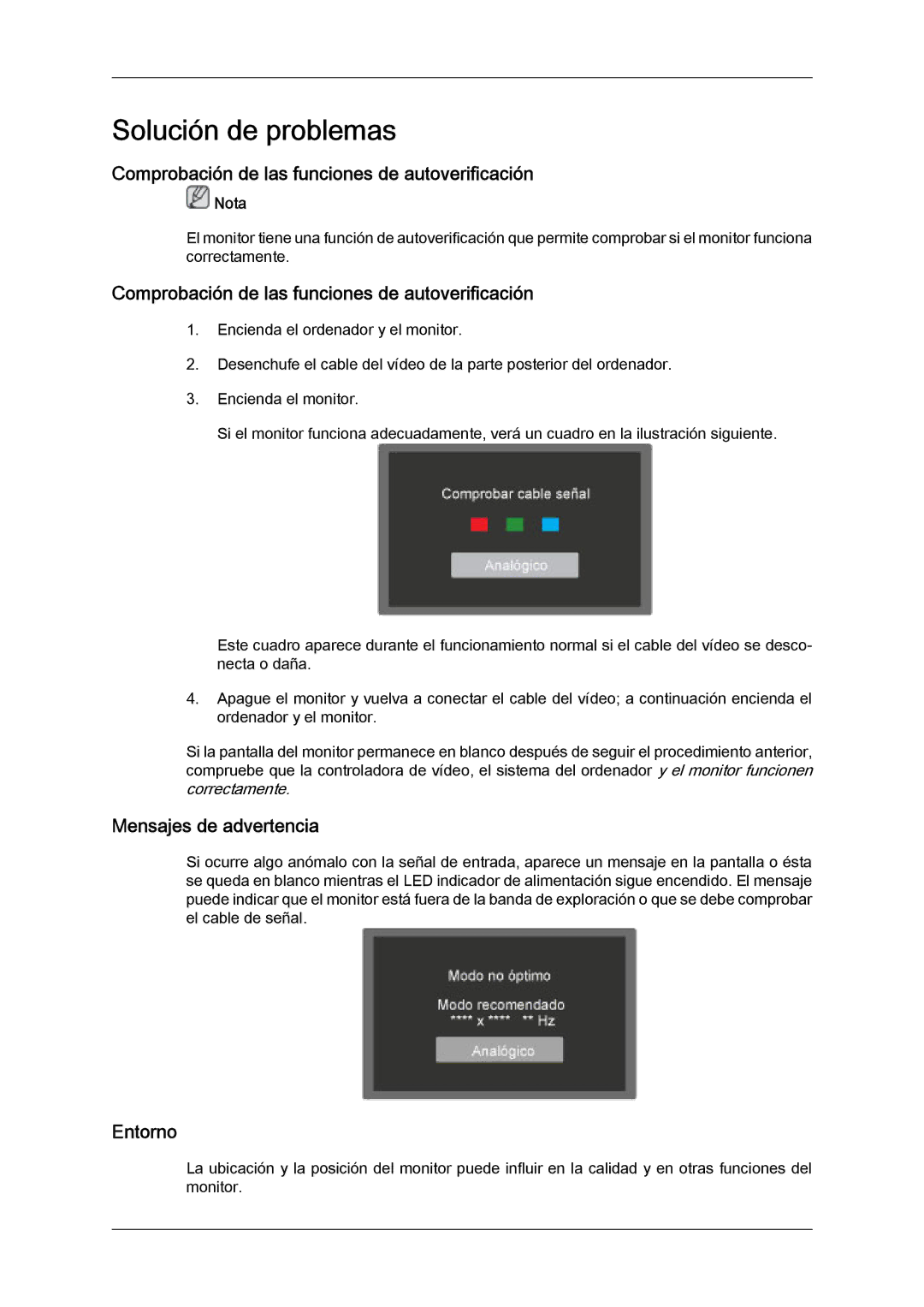 Samsung LS24KIZKFV/EN manual Comprobación de las funciones de autoverificación, Mensajes de advertencia, Entorno 