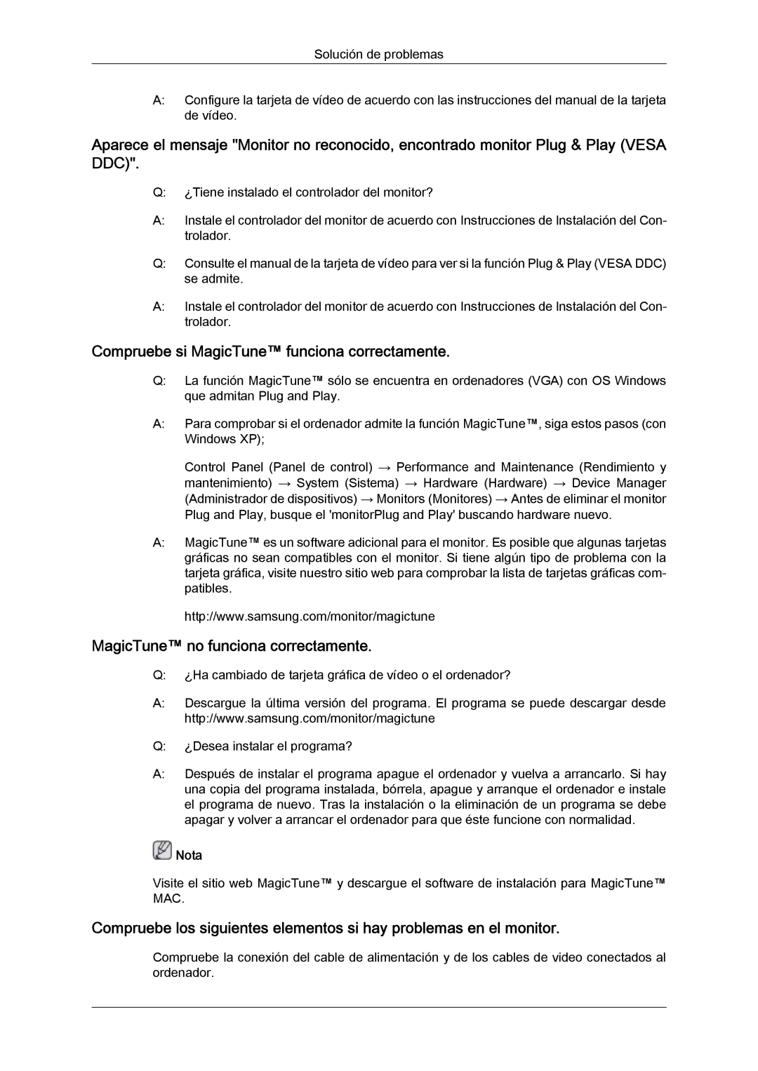 Samsung LS24KIZKFV/EN manual Compruebe si MagicTune funciona correctamente, MagicTune no funciona correctamente 