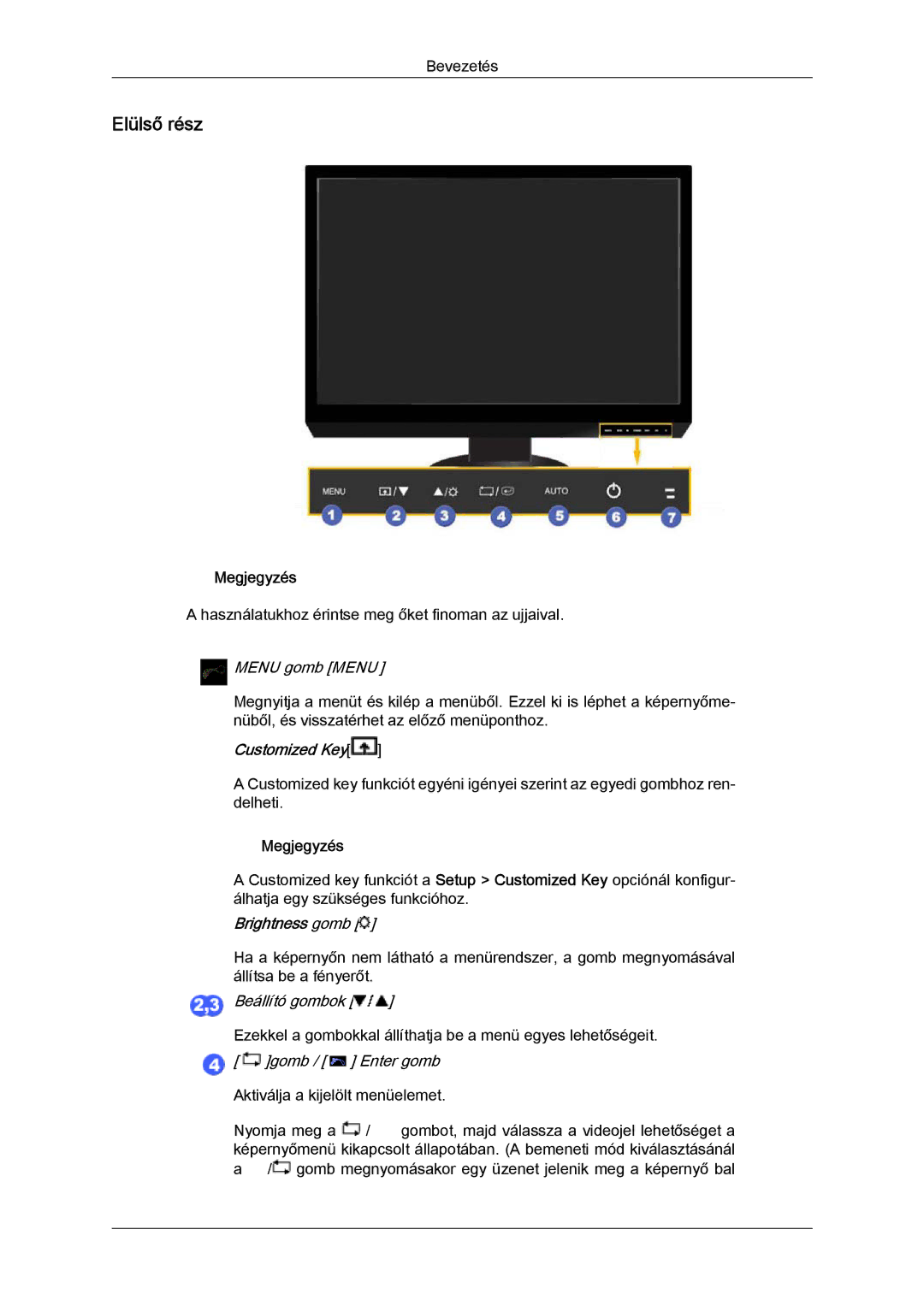 Samsung LS24KIZKFV/EN manual Elülső rész, Menu gomb Menu 