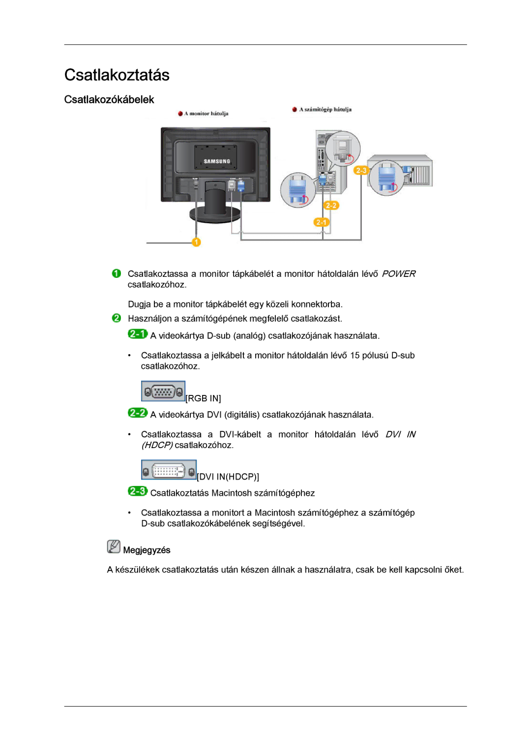 Samsung LS24KIZKFV/EN manual Csatlakoztatás, Csatlakozókábelek 