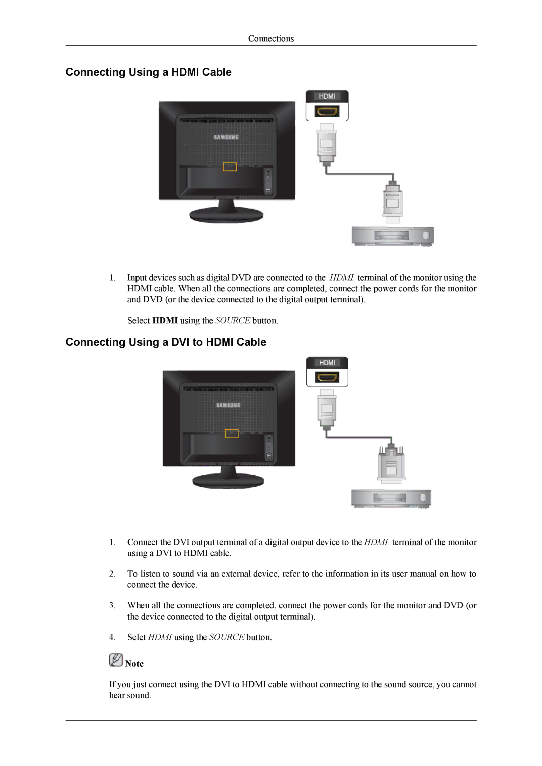 Samsung LS24LIUJFVSEN, LS24LIUJFV/EN, LS22LIUJFV/EN Connecting Using a Hdmi Cable, Connecting Using a DVI to Hdmi Cable 