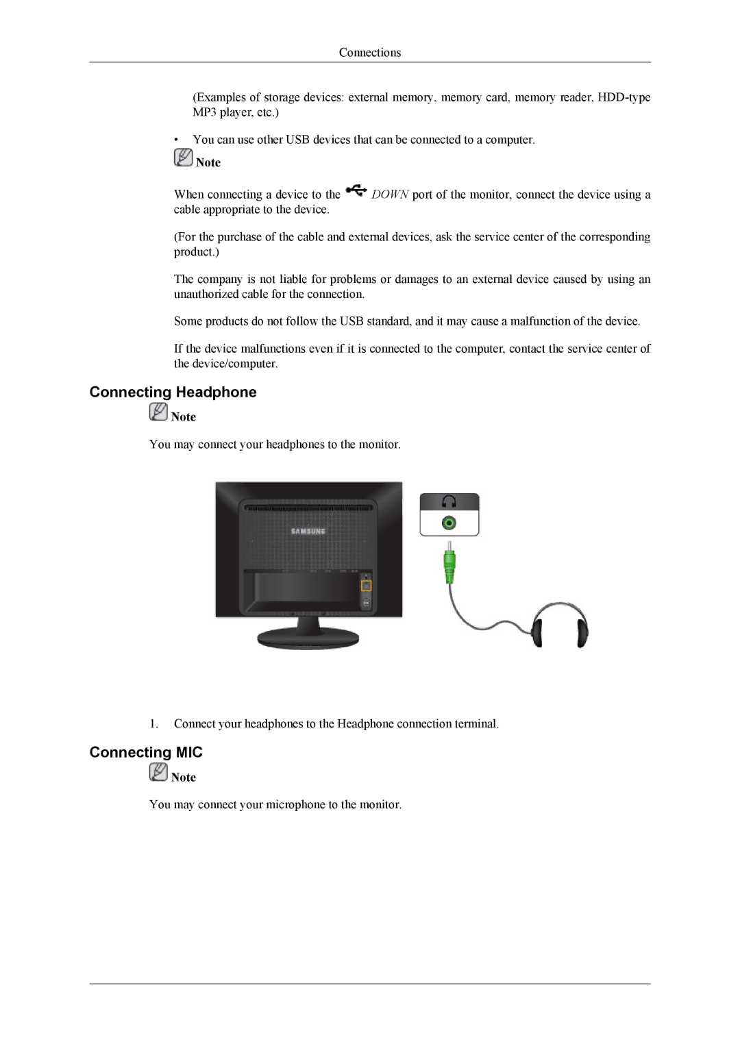 Samsung LS24LIUJFV/EN, LS22LIUJFV/EN, LS22LIUJFV/EDC, LS22LIUJF2/CI, LS24LIUJFVSEN manual Connecting Headphone, Connecting MIC 