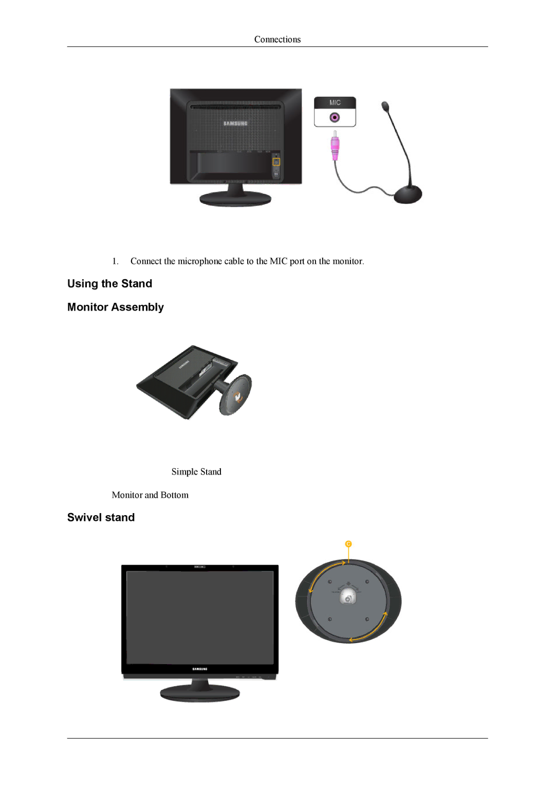 Samsung LS22LIUJFV/EN, LS24LIUJFV/EN, LS22LIUJFV/EDC, LS22LIUJF2/CI manual Using the Stand Monitor Assembly, Swivel stand 