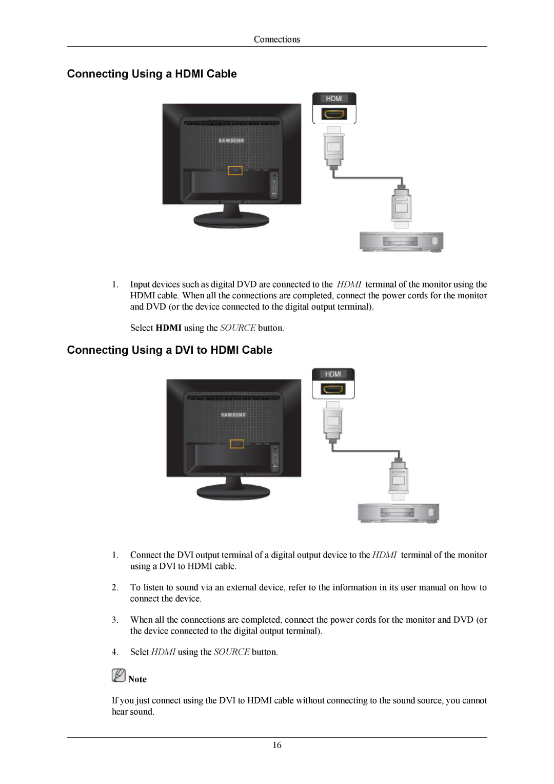 Samsung LS22LIUJFVSEN, LS24LIUJFV/EN, LS22LIUJFV/EN Connecting Using a Hdmi Cable, Connecting Using a DVI to Hdmi Cable 