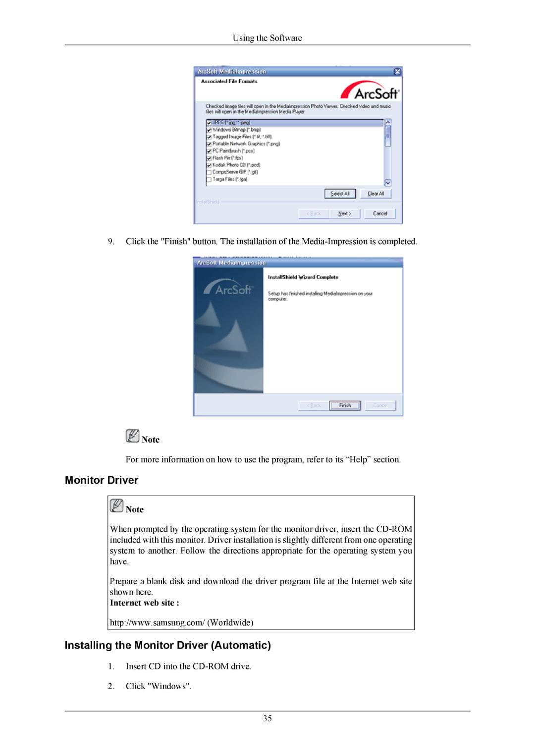 Samsung LS24LIUJFV/EN, LS22LIUJFV/EN, LS22LIUJFV/EDC, LS22LIUJF2/CI manual Installing the Monitor Driver Automatic 