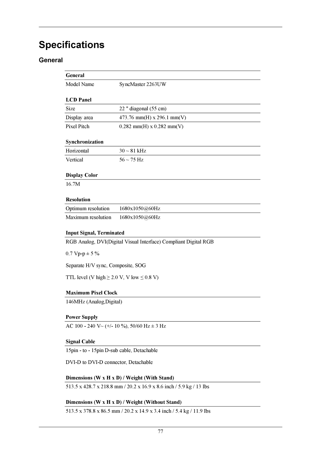 Samsung LS24LIUJFV/EN, LS22LIUJFV/EN, LS22LIUJFV/EDC, LS22LIUJF2/CI, LS24LIUJFVSEN, LS22LIUJFVSEN manual Specifications, General 