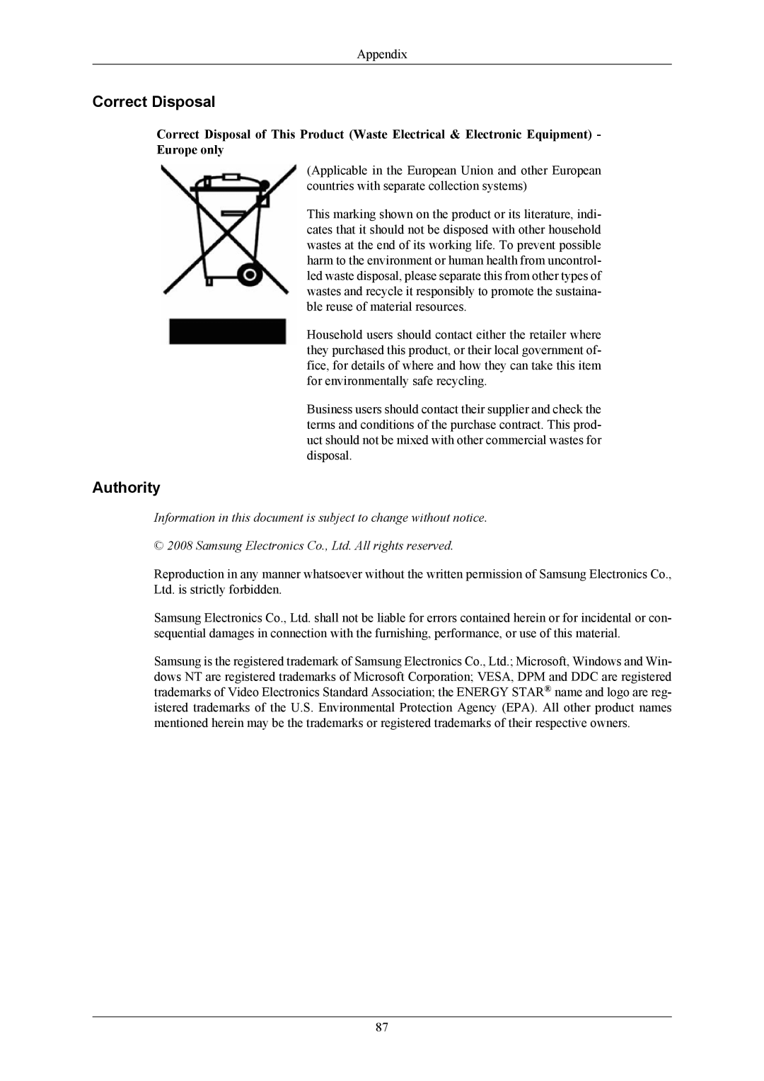 Samsung LS24LIUJFVSEN, LS24LIUJFV/EN, LS22LIUJFV/EN, LS22LIUJFV/EDC, LS22LIUJF2/CI, LS22LIUJFVSEN Correct Disposal, Authority 