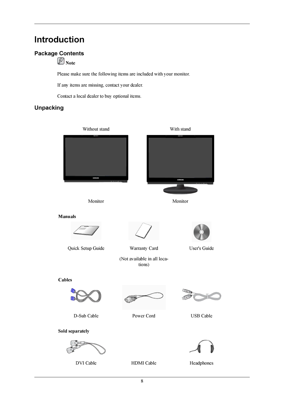 Samsung LS22LIUJF2/CI, LS24LIUJFV/EN, LS22LIUJFV/EN, LS22LIUJFV/EDC, LS24LIUJFVSEN Introduction, Package Contents, Unpacking 