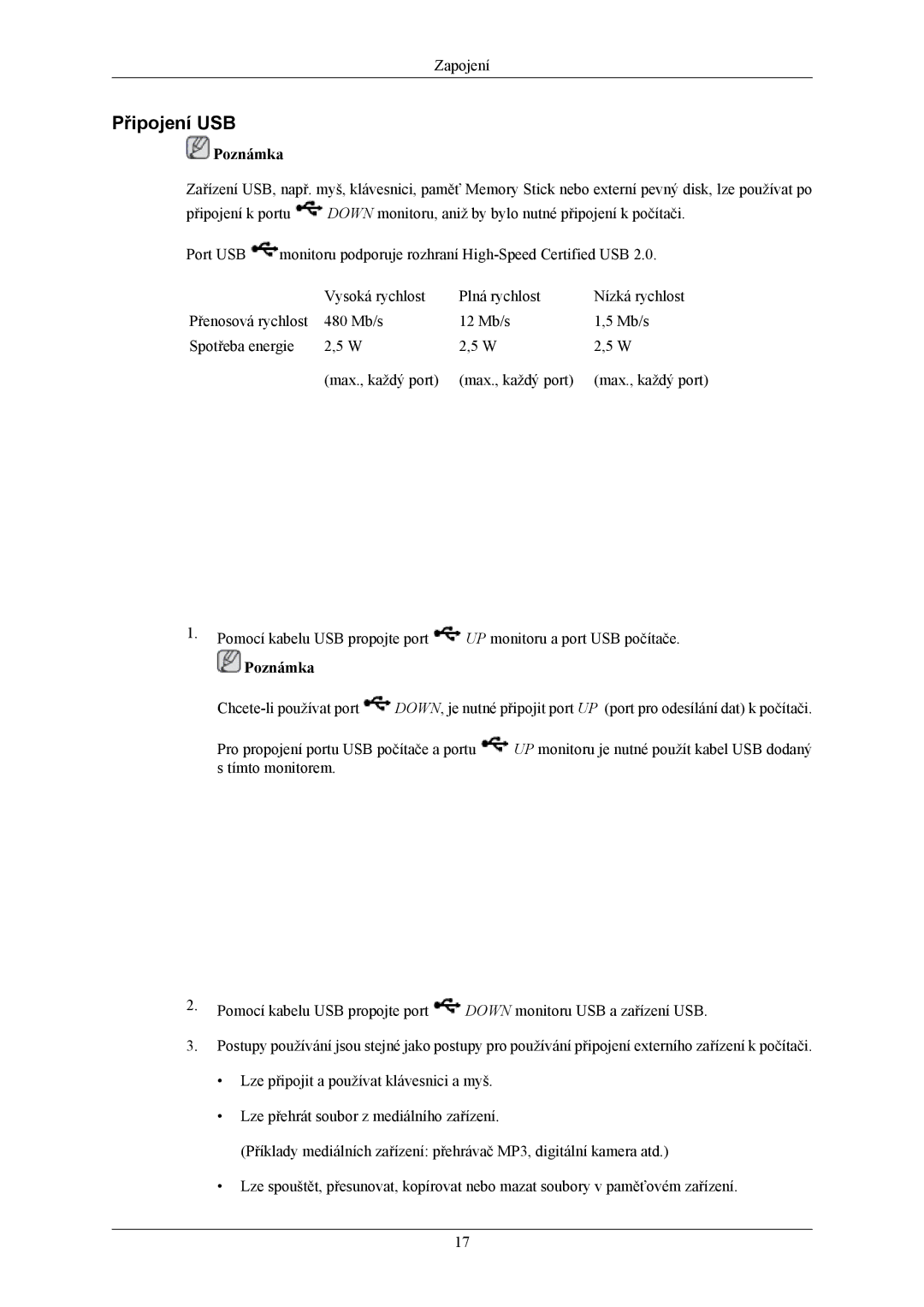 Samsung LS24LIUJFV/EN, LS22LIUJFV/EN, LS22LIUJFV/EDC manual Připojení USB 