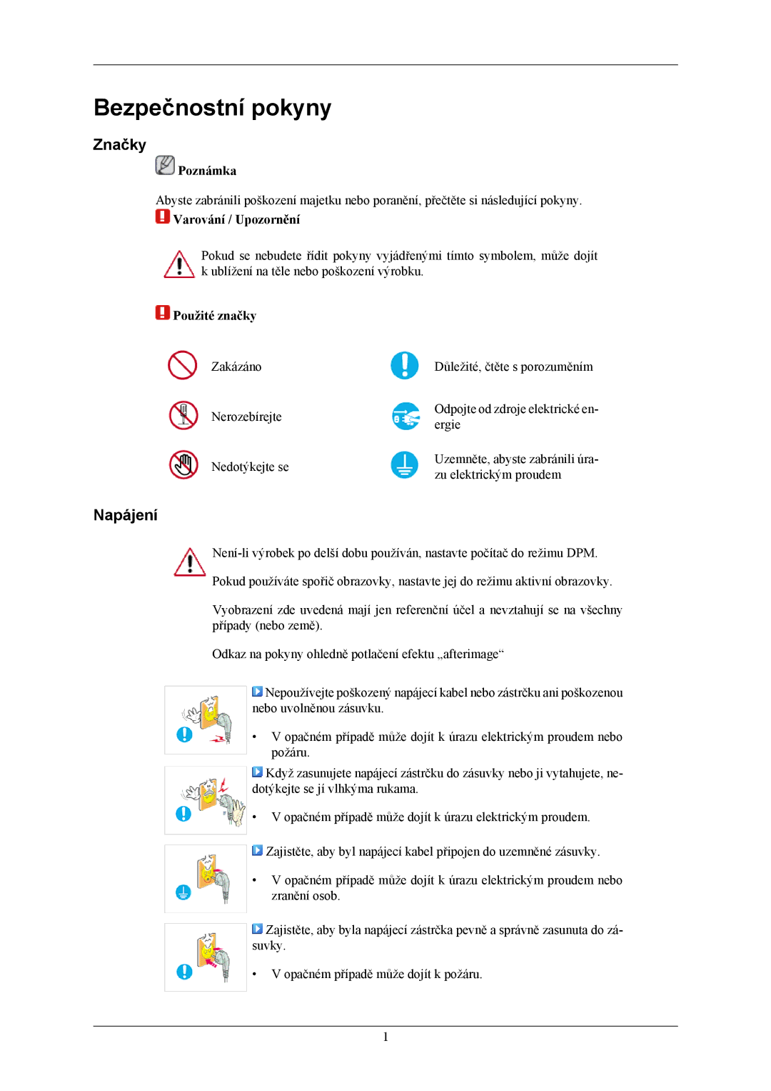 Samsung LS22LIUJFV/EDC, LS24LIUJFV/EN, LS22LIUJFV/EN manual Bezpečnostní pokyny, Značky, Napájení 