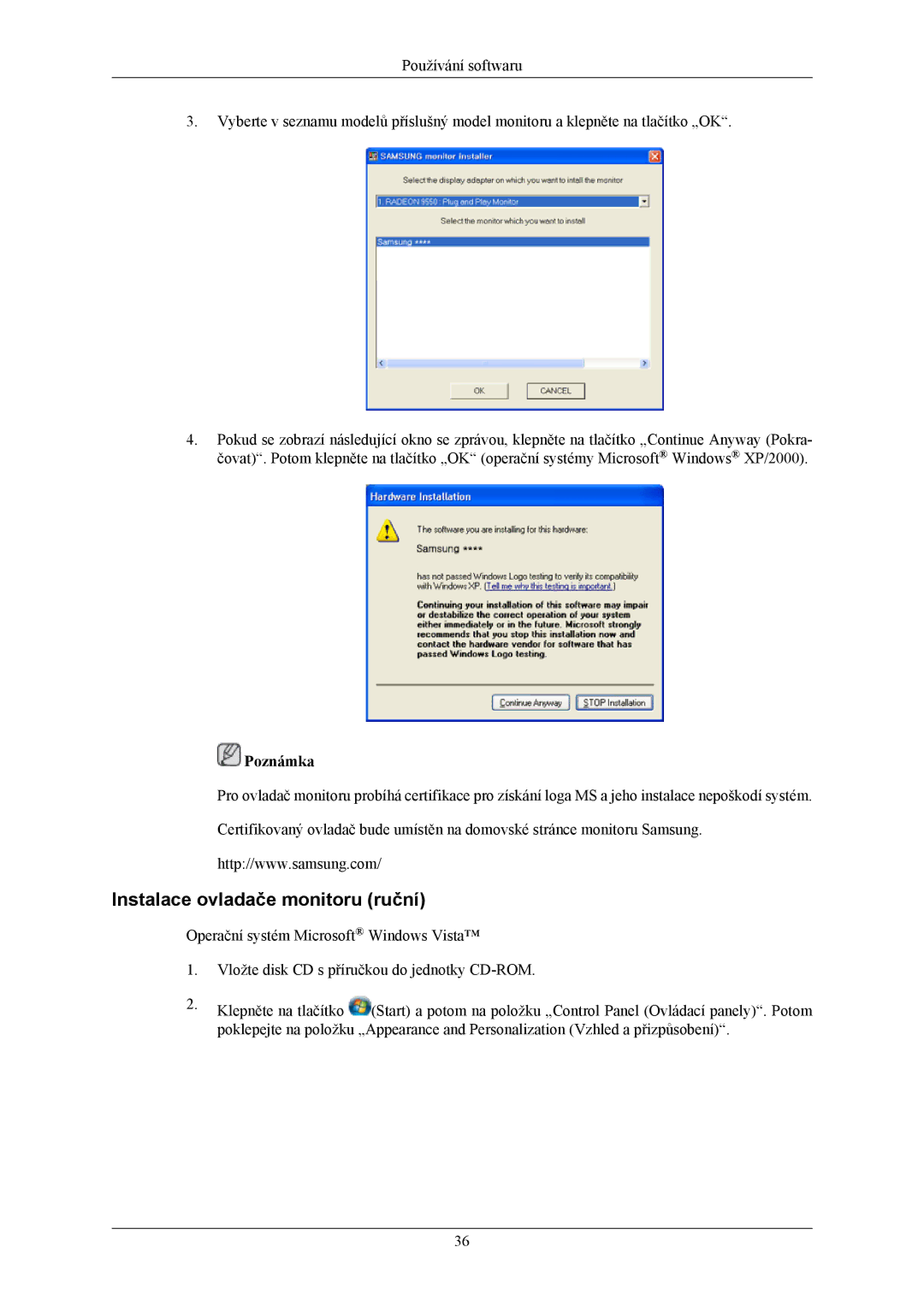 Samsung LS22LIUJFV/EN, LS24LIUJFV/EN, LS22LIUJFV/EDC manual Instalace ovladače monitoru ruční 