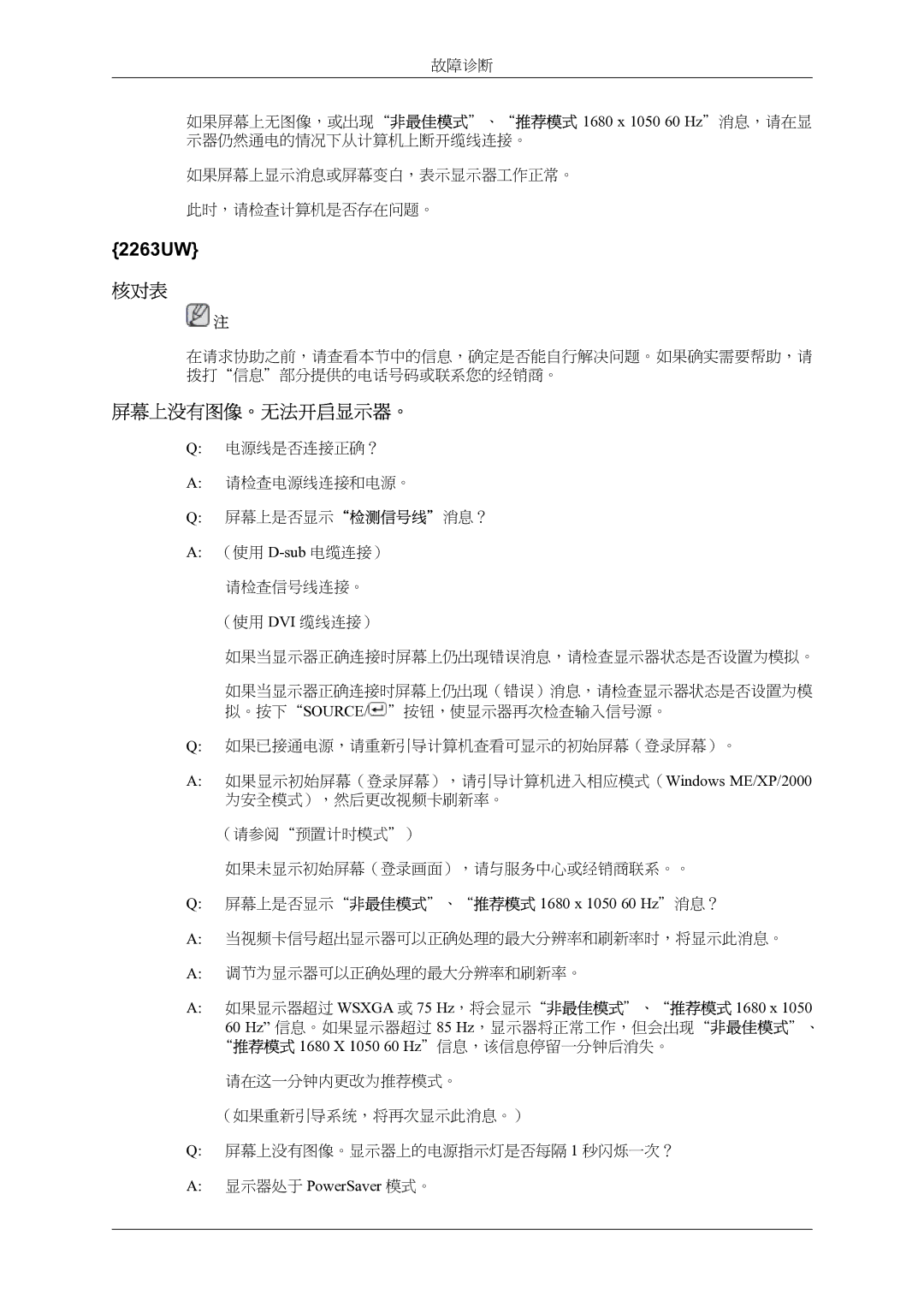 Samsung LS24LIUJFV/EN 核对表, 屏幕上没有图像。无法开启显示器。, 屏幕上是否显示非最佳模式、推荐模式 1680 x 1050 60 Hz消息？, 推荐模式 1680 X 1050 60 Hz信息，该信息停留一分钟后消失。 