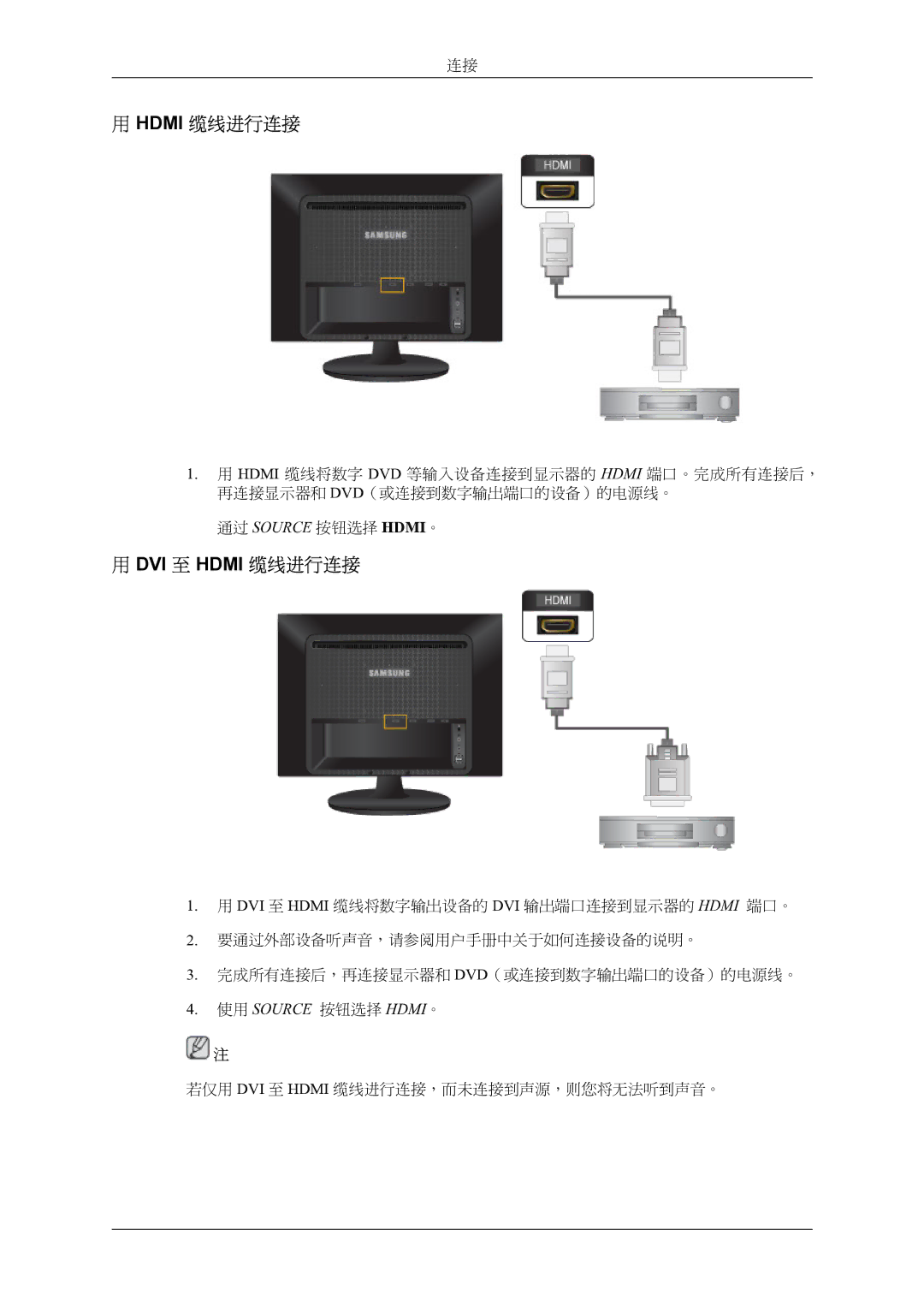 Samsung LS22LIUJFV/EN, LS24LIUJFV/EN, LS24LIUJFVSEN, LS22LIUJFVSEN manual DVI 至 Hdmi 缆线进行连接 