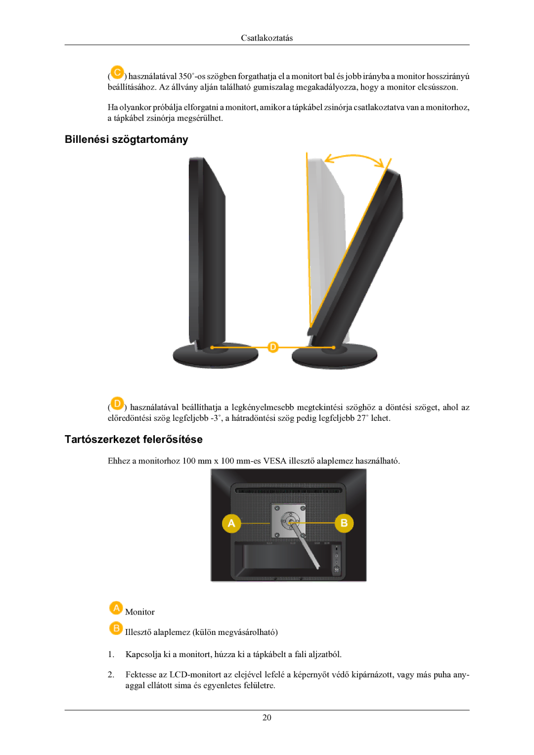 Samsung LS22LIUJFV/EN, LS24LIUJFV/EN, LS24LIUJFVSEN, LS22LIUJFVSEN manual Billenési szögtartomány, Tartószerkezet felerősítése 