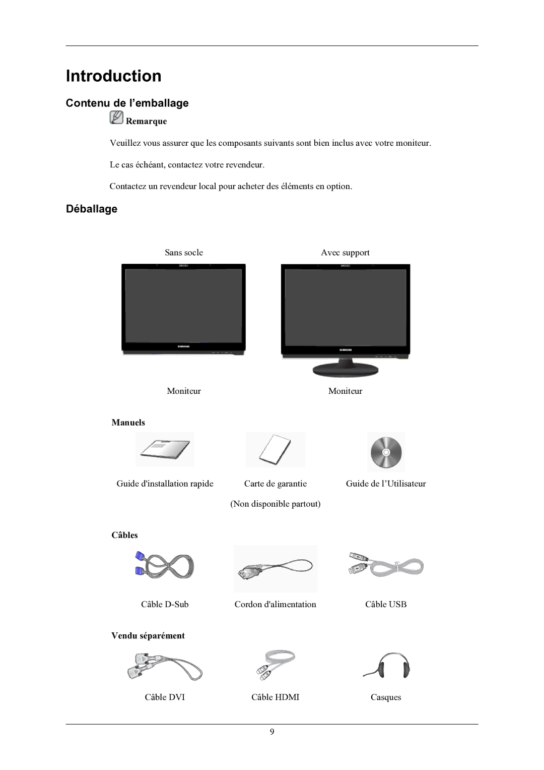 Samsung LS24LIUJFV/EN, LS22LIUJFV/EN manual Introduction, Contenu de l’emballage, Déballage 