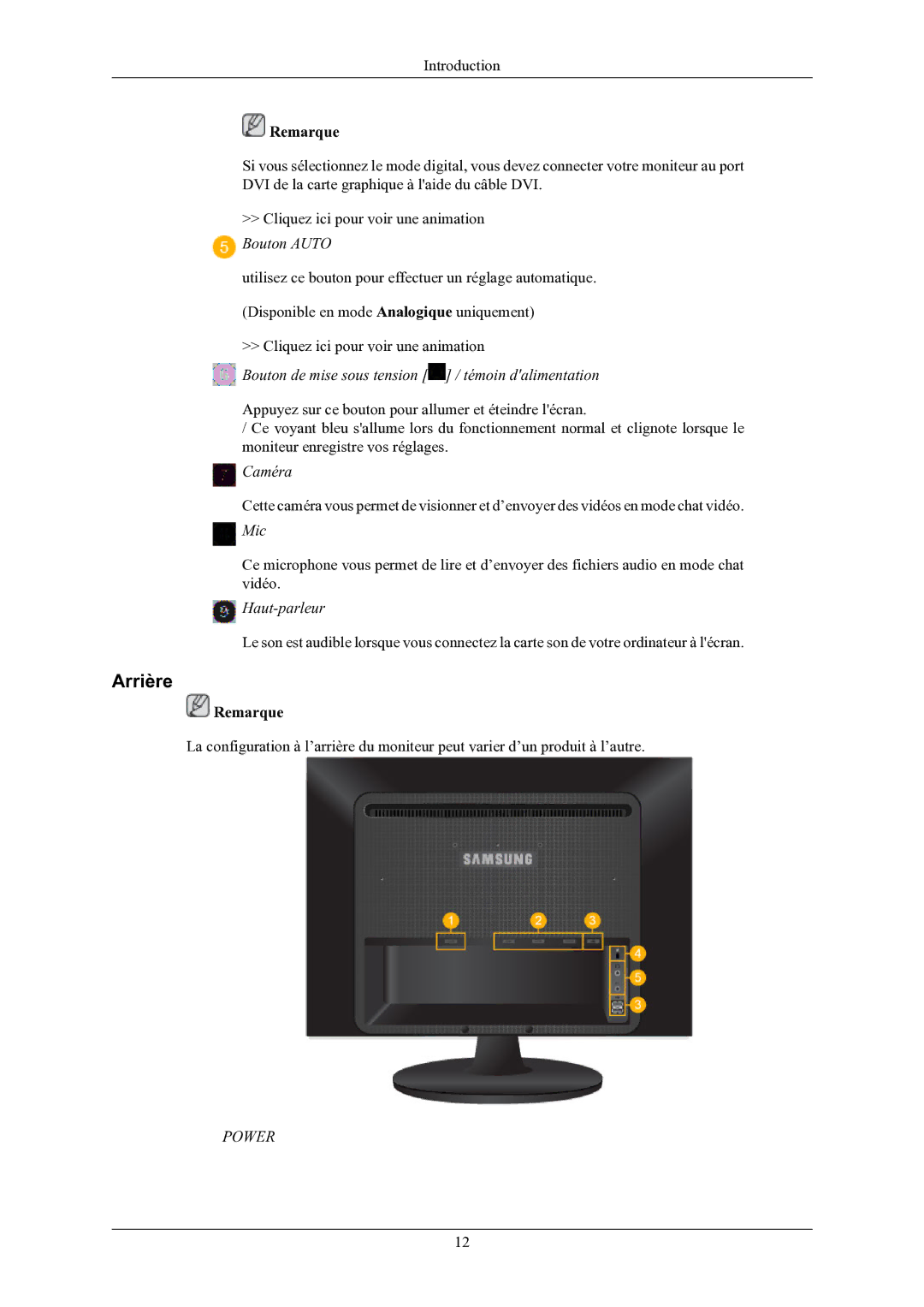 Samsung LS22LIUJFV/EN, LS24LIUJFV/EN manual Arrière, Bouton de mise sous tension / témoin dalimentation 