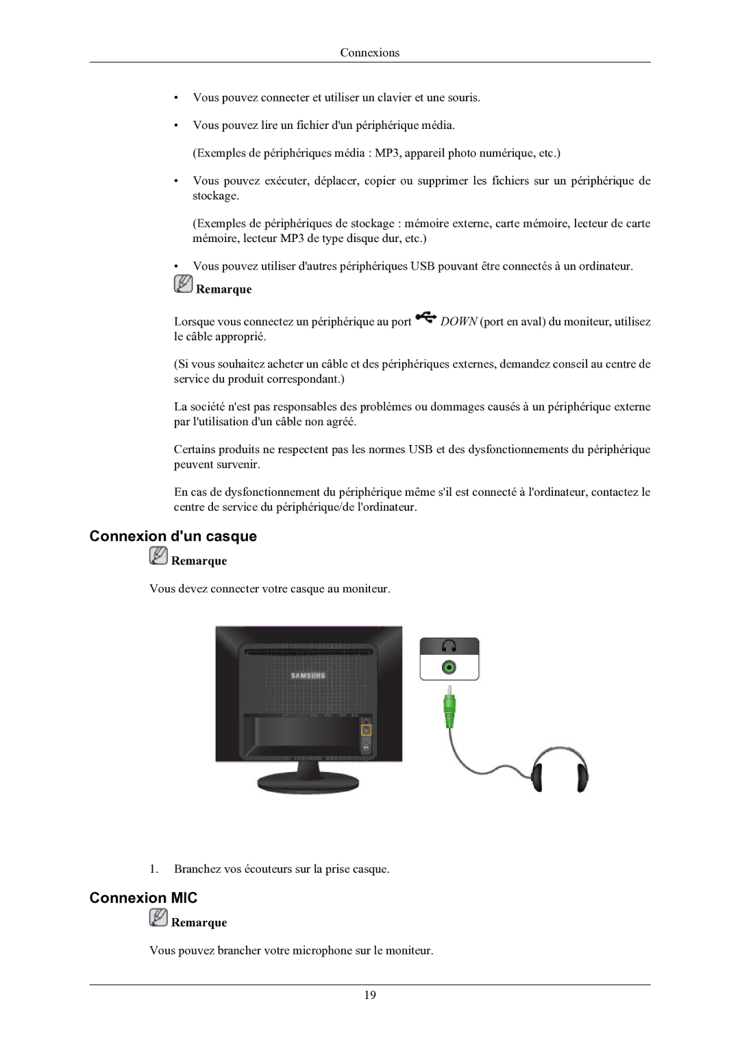 Samsung LS24LIUJFV/EN, LS22LIUJFV/EN manual Connexion dun casque, Connexion MIC 