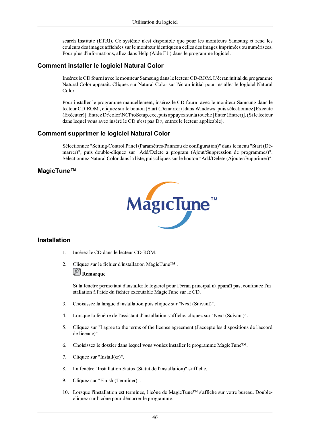 Samsung LS22LIUJFV/EN manual Comment installer le logiciel Natural Color, Comment supprimer le logiciel Natural Color 
