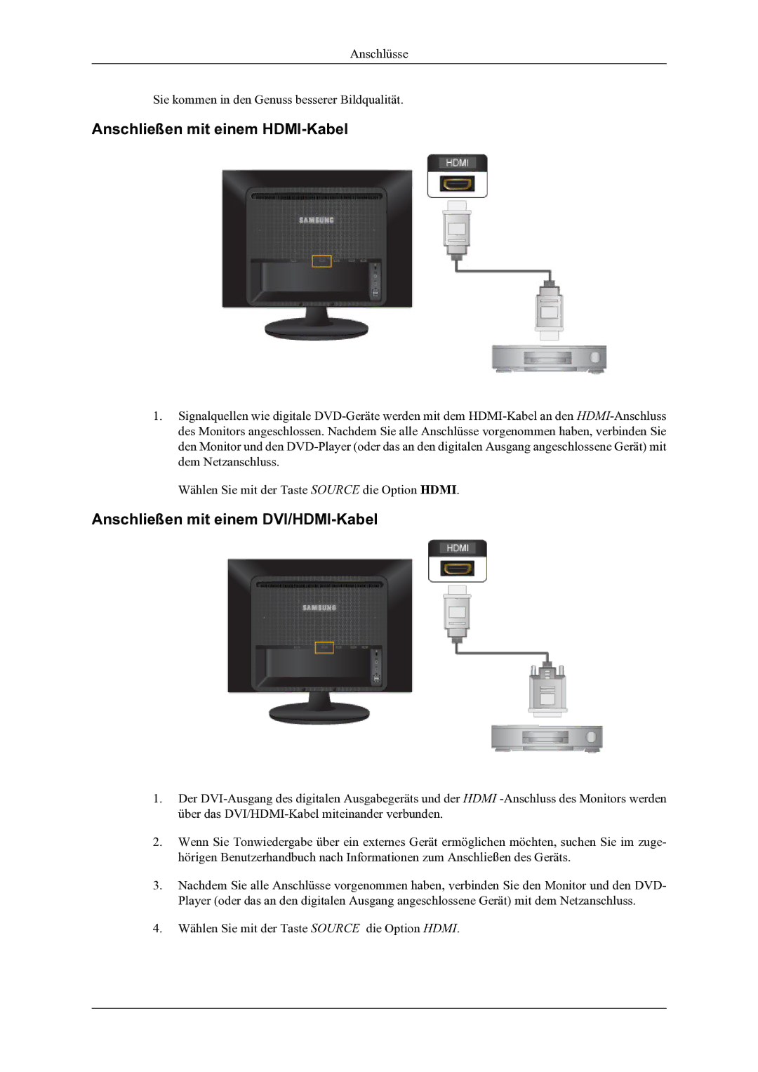 Samsung LS24LIUJFV/EN, LS22LIUJFV/EN manual Anschließen mit einem HDMI-Kabel, Anschließen mit einem DVI/HDMI-Kabel 