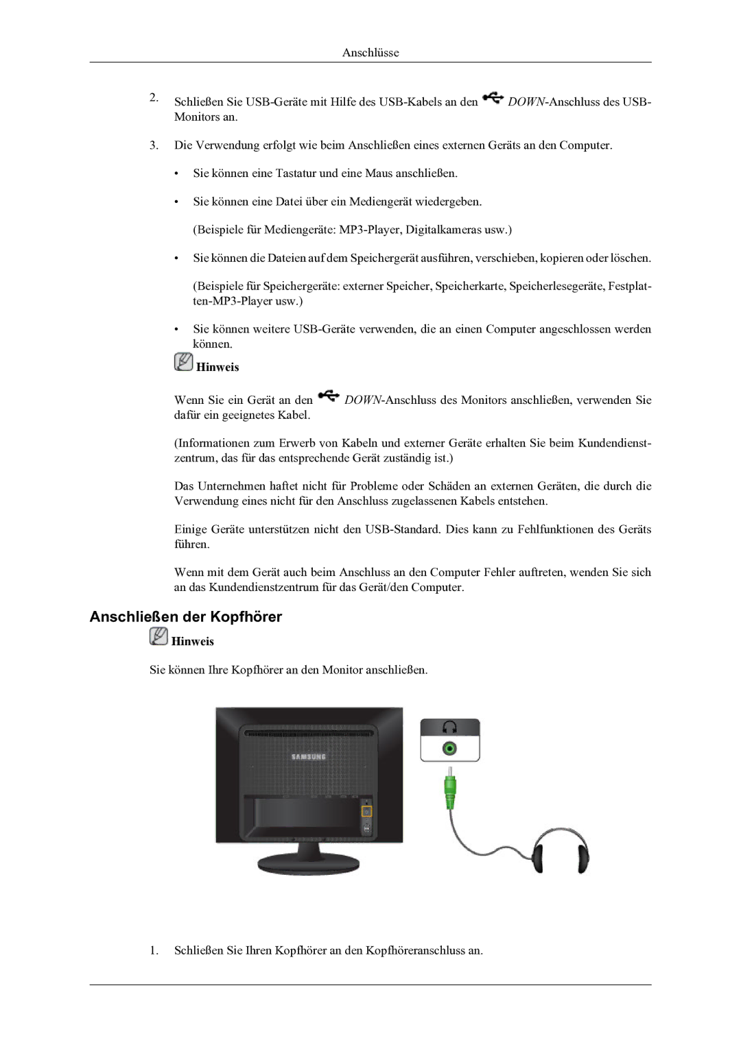 Samsung LS24LIUJFV/EN, LS22LIUJFV/EN manual Anschließen der Kopfhörer 