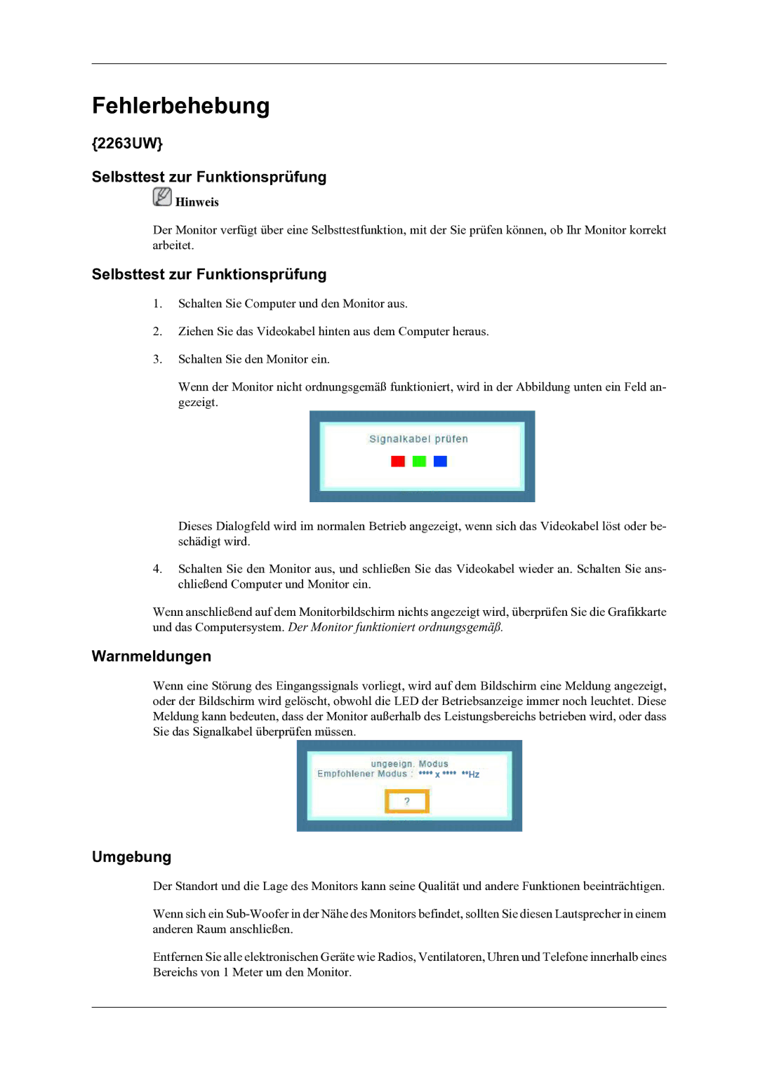 Samsung LS24LIUJFV/EN, LS22LIUJFV/EN manual 2263UW Selbsttest zur Funktionsprüfung, Warnmeldungen, Umgebung 